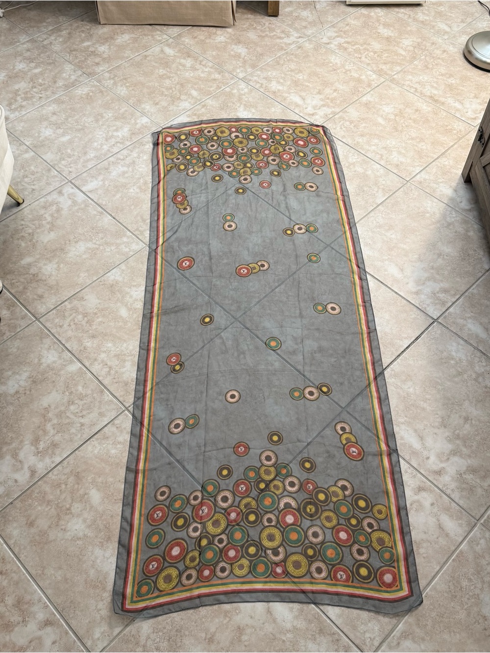 Louis Vuitton Gray Scarf with Multicolored Circular Motifs